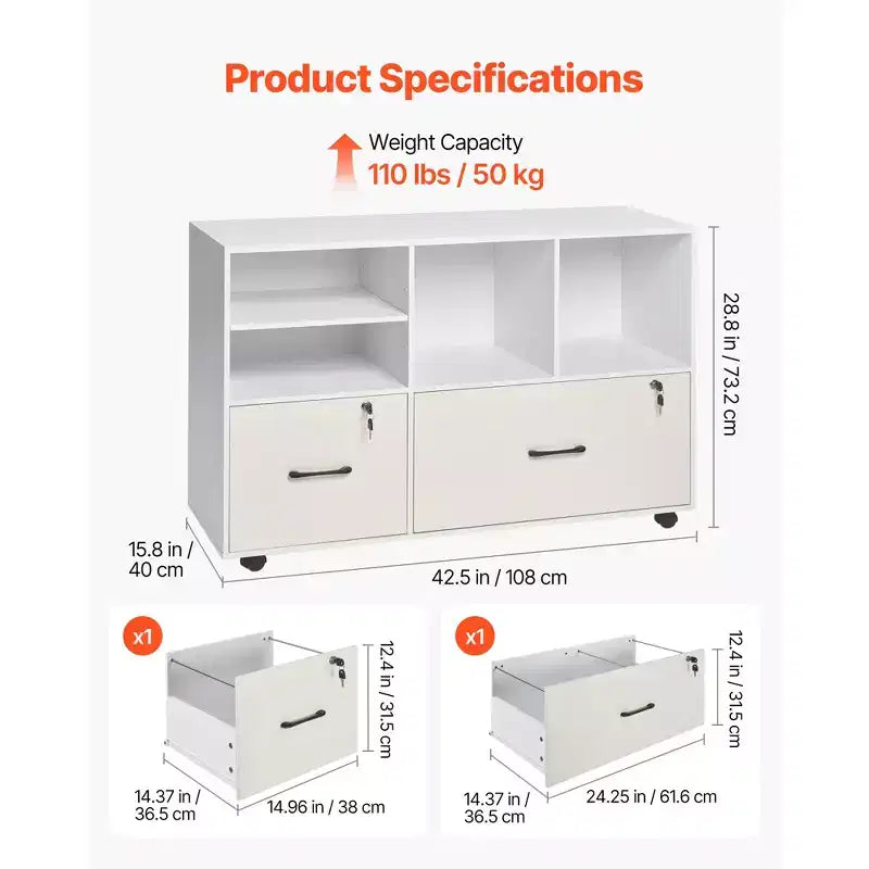 VEVOR Meuble Classeur à 2 Tiroirs en Bois, Meuble de Rangement Mobile avec Étagères Ouvertes, Classeur Latéral Roulant Verrouillable avec Étagères Réglables, Blanc