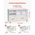 VEVOR Meuble Classeur à 2 Tiroirs en Bois, Meuble de Rangement Mobile avec Étagères Ouvertes, Classeur Latéral Roulant Verrouillable avec Étagères Réglables, Blanc