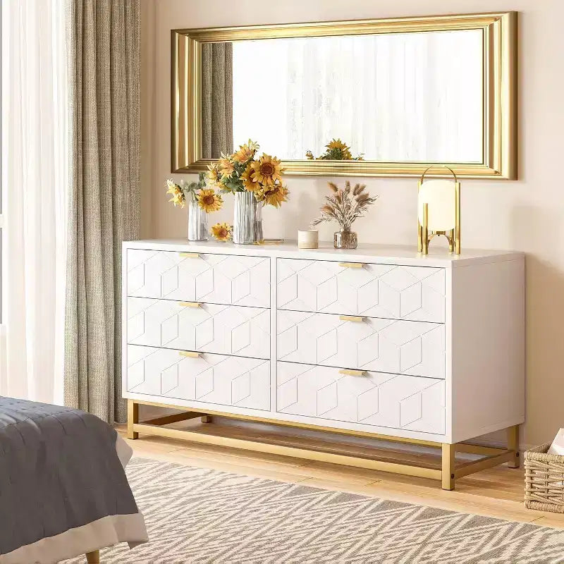 Commode à 6 tiroirs avec grand espace de rangement, commodes en bois avec pieds en métal, organisateur de commode moderne pour chambre à coucher, salon