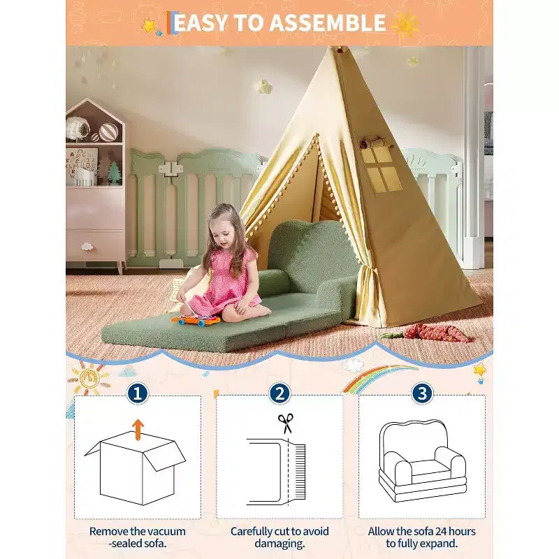 Canapé-lit pliable 2 en 1 confortable pour tout-petits, fauteuil convertible en mousse, cadeau pour filles et garçons