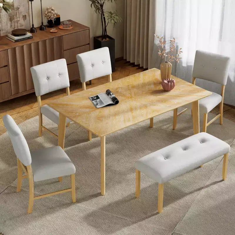 Ensemble de salle à manger en bois 6 pièces, table rectangulaire avec 4 chaises rembourrées et banc