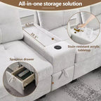 Canapé sectionnel en U 6 places en chenille de 104 po de largeur avec chargeur USB, tiroirs de rangement, table en acrylique et pouf mobile