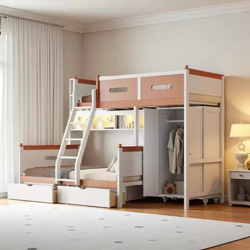 Merax Multi-Functional Twin Over Full Bunk Bed with Built-In Wardrobe, Storage Shelves, 2 Drawers & LED Lighting