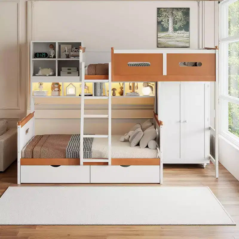 Lit superposé double sur toute la longueur Merax multifonctionnel avec armoire intégrée, étagères de rangement, 2 tiroirs et éclairage LED