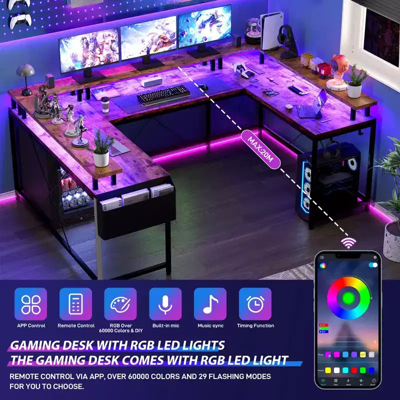 COZONY Bureau de jeu en forme de U/L 78", bureau d'ordinateur réversible avec prises de courant, lumières LED, support de moniteur et étagère de rangement, bureau d'angle pour le bureau à domicile