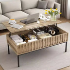 GustoWave Coffee Table with Lifting Top, Modern Fluted Wood Center Table for Living Room, Teak Color