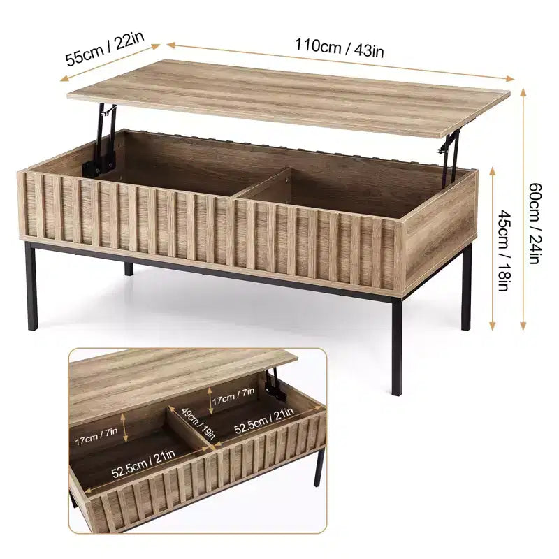 Table basse GustoWave avec plateau relevable, table basse moderne en bois cannelé pour salon, couleur teck