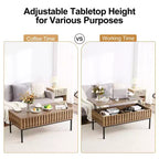 Table basse GustoWave avec plateau relevable, table basse moderne en bois cannelé pour salon, couleur teck