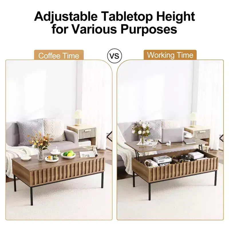 Table basse GustoWave avec plateau relevable, table basse moderne en bois cannelé pour salon, couleur teck