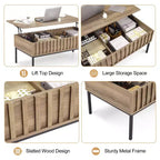 Table basse GustoWave avec plateau relevable, table basse moderne en bois cannelé pour salon, couleur teck