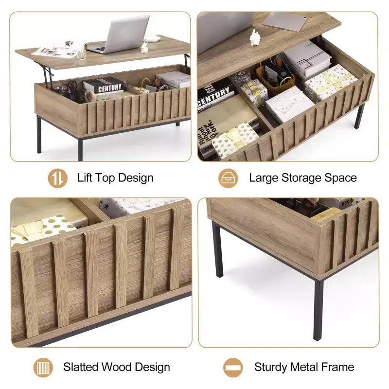 Table basse GustoWave avec plateau relevable, table basse moderne en bois cannelé pour salon, couleur teck