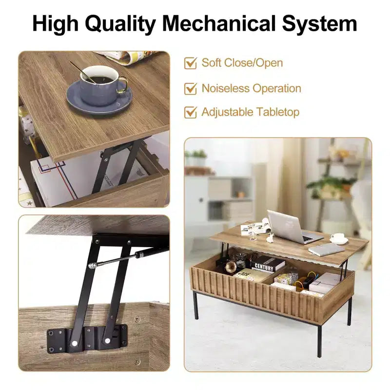Table basse GustoWave avec plateau relevable, table basse moderne en bois cannelé pour salon, couleur teck