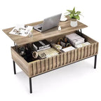 Table basse GustoWave avec plateau relevable, table basse moderne en bois cannelé pour salon, couleur teck