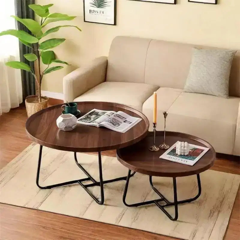 GustoWave Lot de 2 petites tables basses gigognes, table basse ronde en bois pour salon, chambre à coucher, noyer
