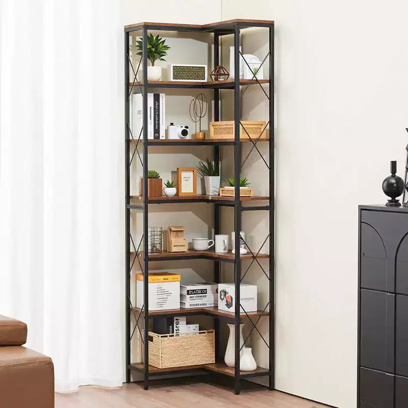 Étagère d'angle 7 niveaux VEVOR, Bibliothèque d'angle haute de 200 cm avec cadre métallique robuste et étagères en bois, Noir