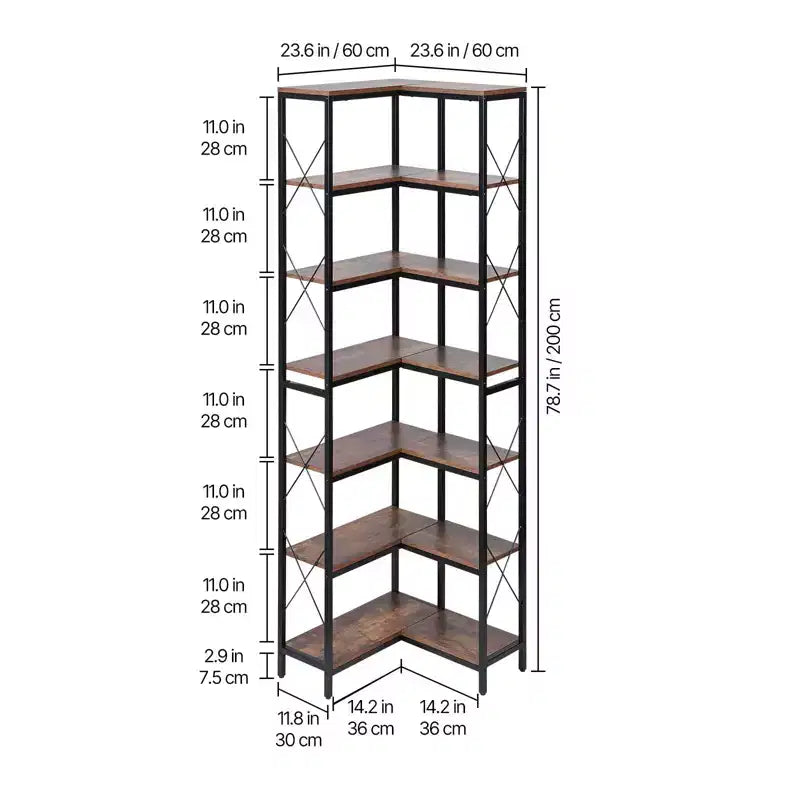 Étagère d'angle 7 niveaux VEVOR, Bibliothèque d'angle haute de 200 cm avec cadre métallique robuste et étagères en bois, Noir