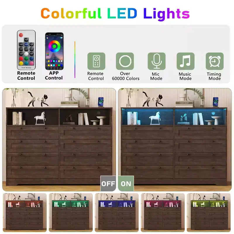 Commode blanche à 8 tiroirs avec station de charge et lumières LED, meuble de rangement en bois pour chambre, salon, couloir, entrée
