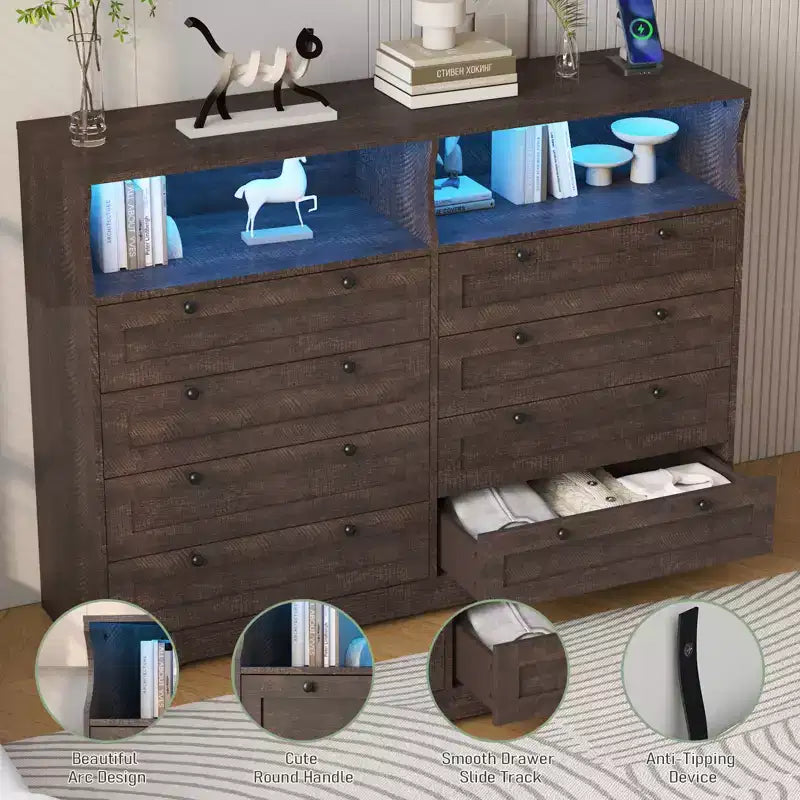 Commode blanche à 8 tiroirs avec station de charge et lumières LED, meuble de rangement en bois pour chambre, salon, couloir, entrée