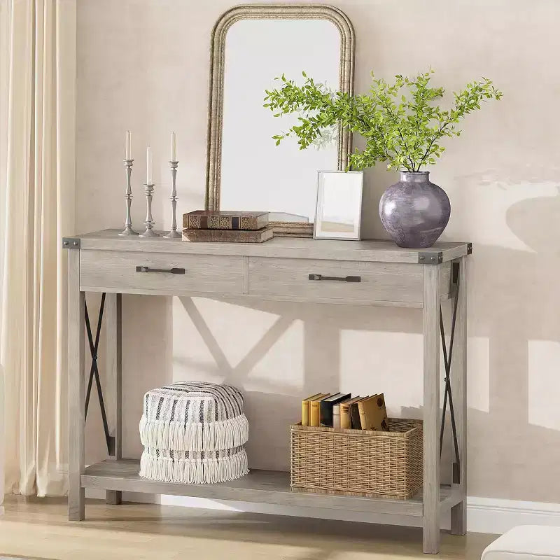 Console en bois de 78,7 cm, table d'entrée avec tiroirs et étagère de rangement ouverte, table de foyer à 2 niveaux, table étroite pour canapé, couloir, salon