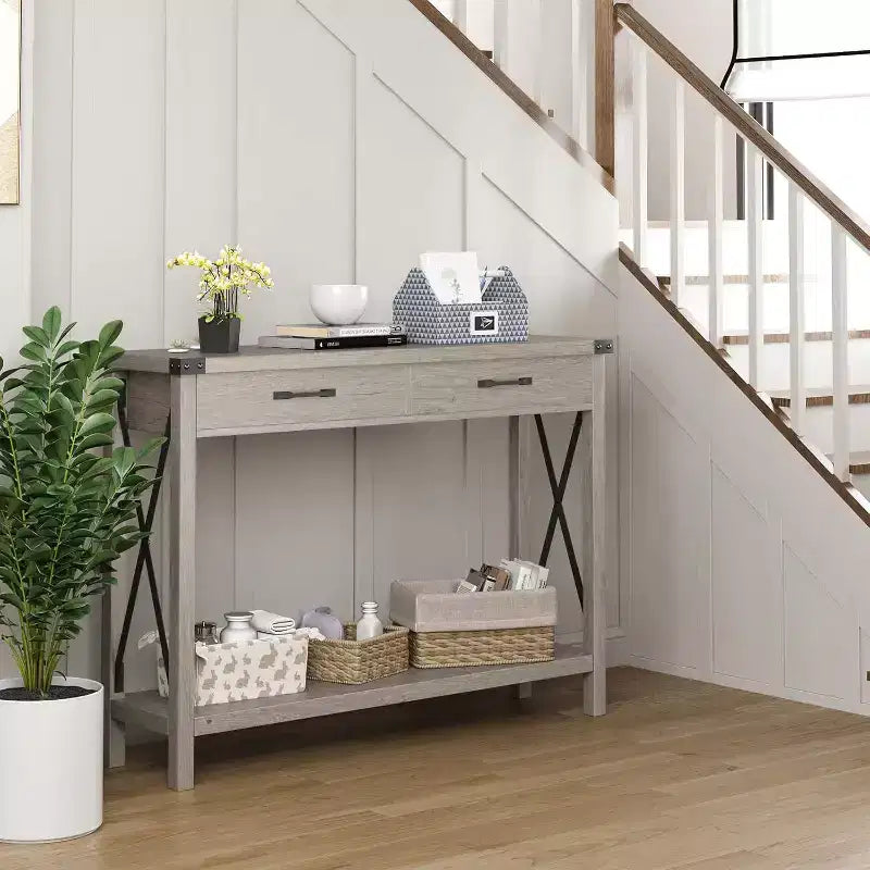 Console en bois de 78,7 cm, table d'entrée avec tiroirs et étagère de rangement ouverte, table de foyer à 2 niveaux, table étroite pour canapé, couloir, salon