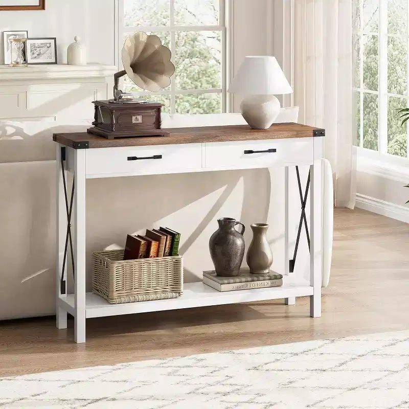 Console en bois de 78,7 cm, table d'entrée avec tiroirs et étagère de rangement ouverte, table de foyer à 2 niveaux, table étroite pour canapé, couloir, salon