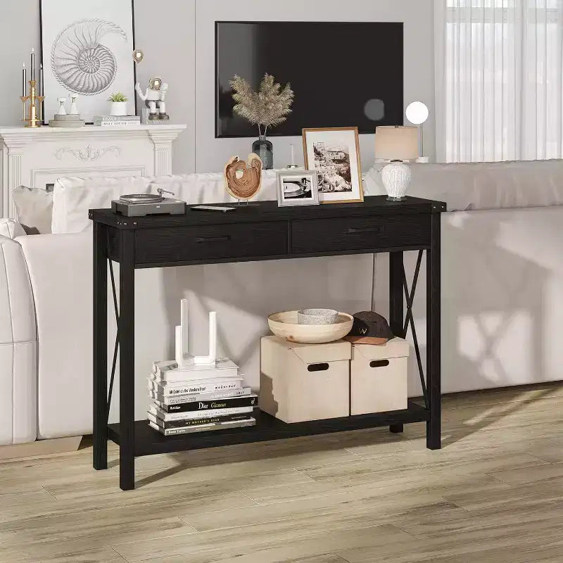 Console en bois de 78,7 cm, table d'entrée avec tiroirs et étagère de rangement ouverte, table de foyer à 2 niveaux, table étroite pour canapé, couloir, salon