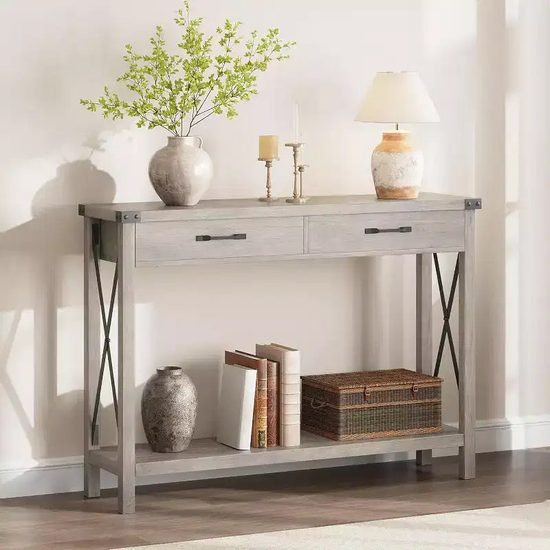Console en bois de 78,7 cm, table d'entrée avec tiroirs et étagère de rangement ouverte, table de foyer à 2 niveaux, table étroite pour canapé, couloir, salon