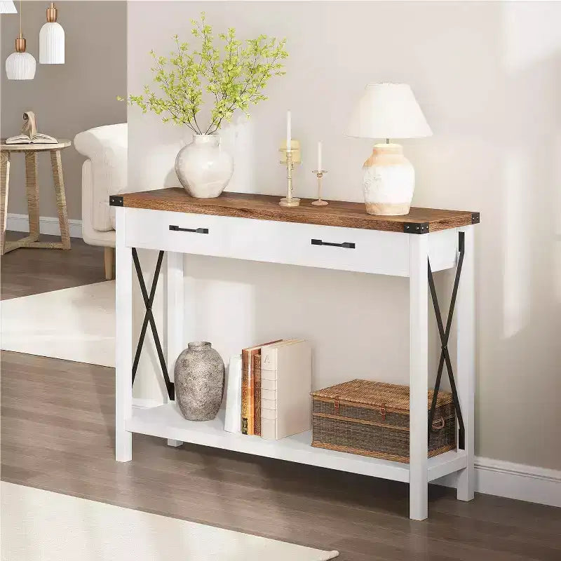 Console en bois de 78,7 cm, table d'entrée avec tiroirs et étagère de rangement ouverte, table de foyer à 2 niveaux, table étroite pour canapé, couloir, salon