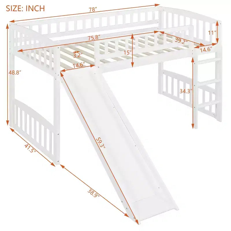 Lit mezzanine jumeau avec toboggan et échelle, cadre de lit mezzanine bas en bois pour filles et garçons