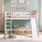 Lit mezzanine jumeau avec toboggan et échelle, cadre de lit mezzanine bas en bois pour filles et garçons