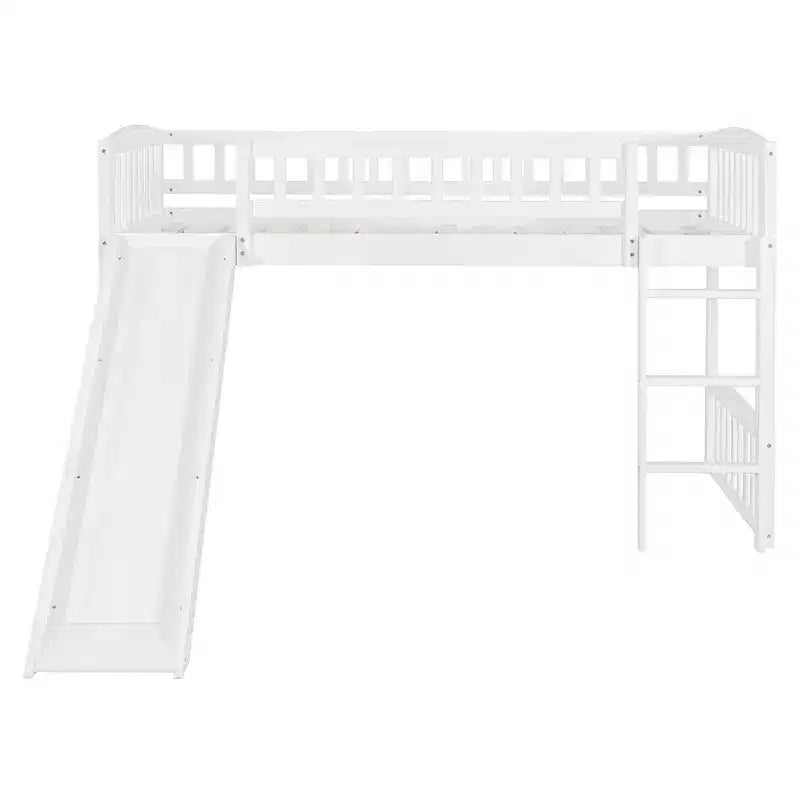 Lit mezzanine jumeau avec toboggan et échelle, cadre de lit mezzanine bas en bois pour filles et garçons