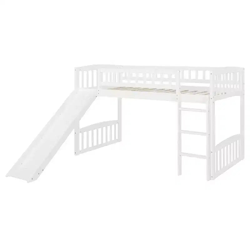 Lit mezzanine jumeau avec toboggan et échelle, cadre de lit mezzanine bas en bois pour filles et garçons