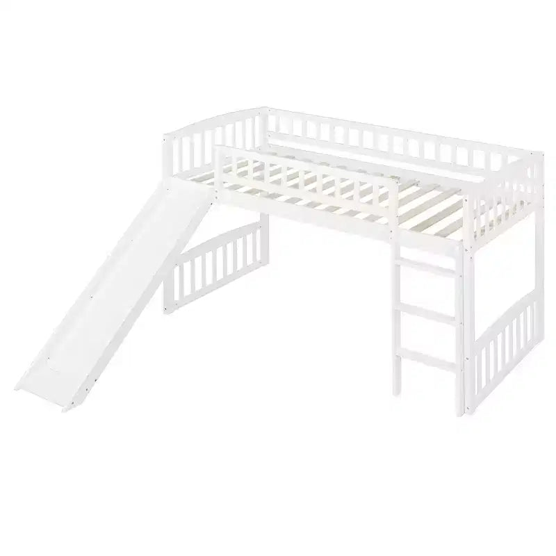 Lit mezzanine jumeau avec toboggan et échelle, cadre de lit mezzanine bas en bois pour filles et garçons