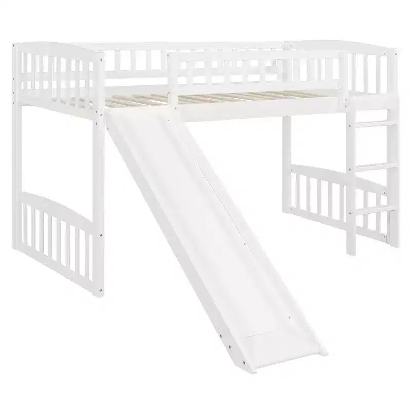 Lit mezzanine jumeau avec toboggan et échelle, cadre de lit mezzanine bas en bois pour filles et garçons