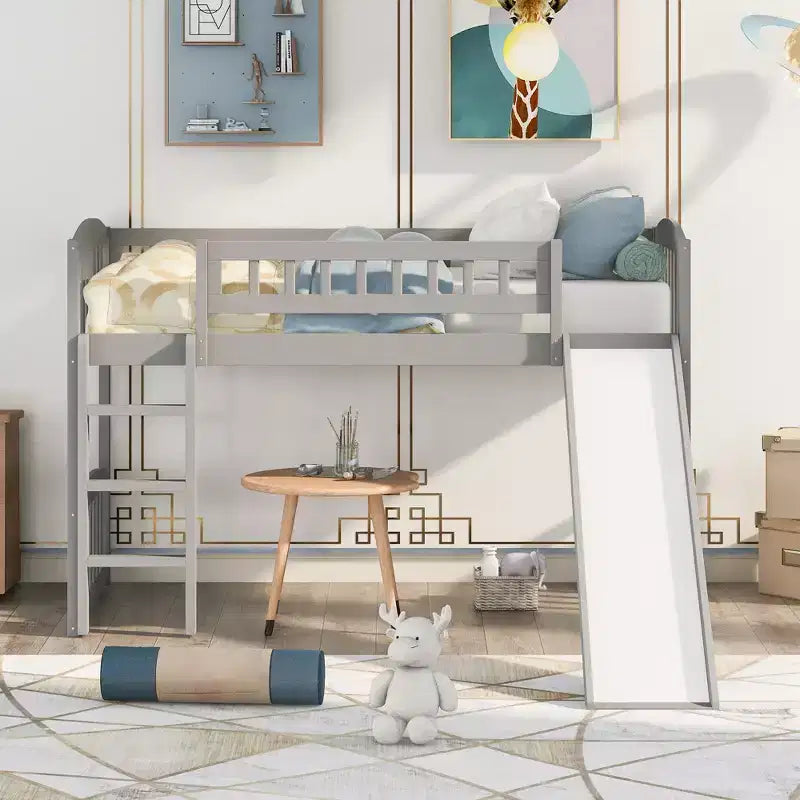 Lit mezzanine jumeau avec toboggan et échelle, cadre de lit mezzanine bas en bois pour filles et garçons