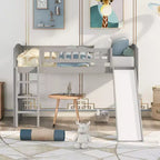 Lit mezzanine jumeau avec toboggan et échelle, cadre de lit mezzanine bas en bois pour filles et garçons