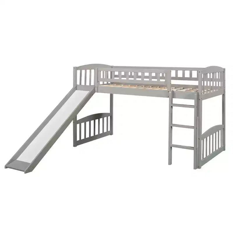 Lit mezzanine jumeau avec toboggan et échelle, cadre de lit mezzanine bas en bois pour filles et garçons