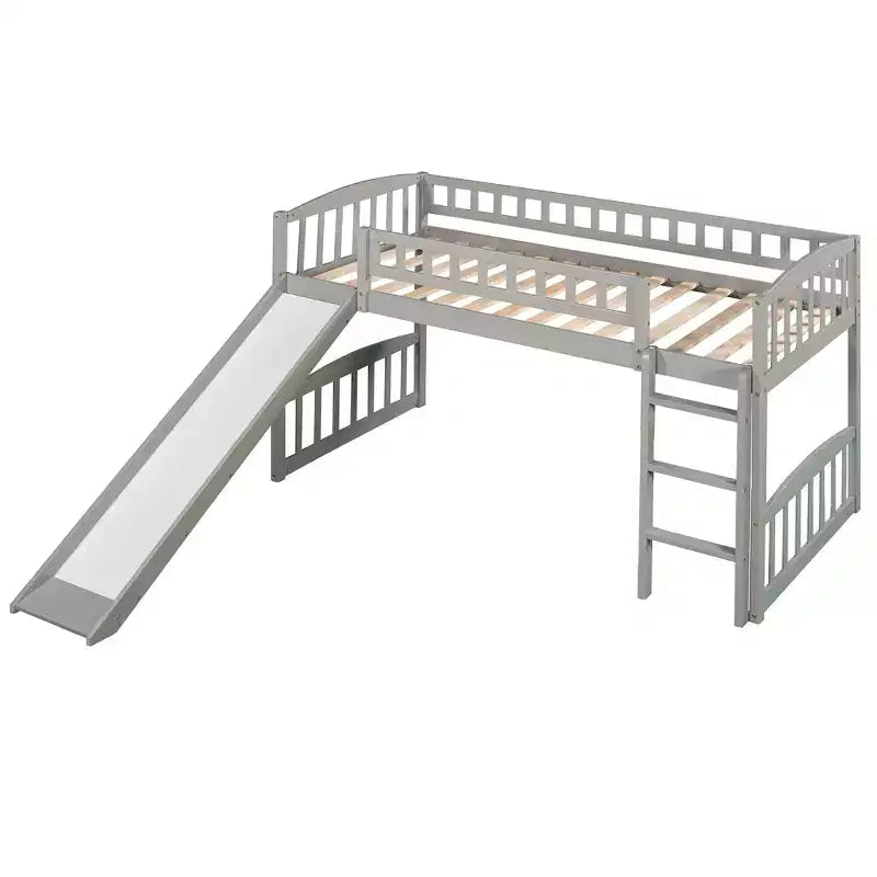Lit mezzanine jumeau avec toboggan et échelle, cadre de lit mezzanine bas en bois pour filles et garçons