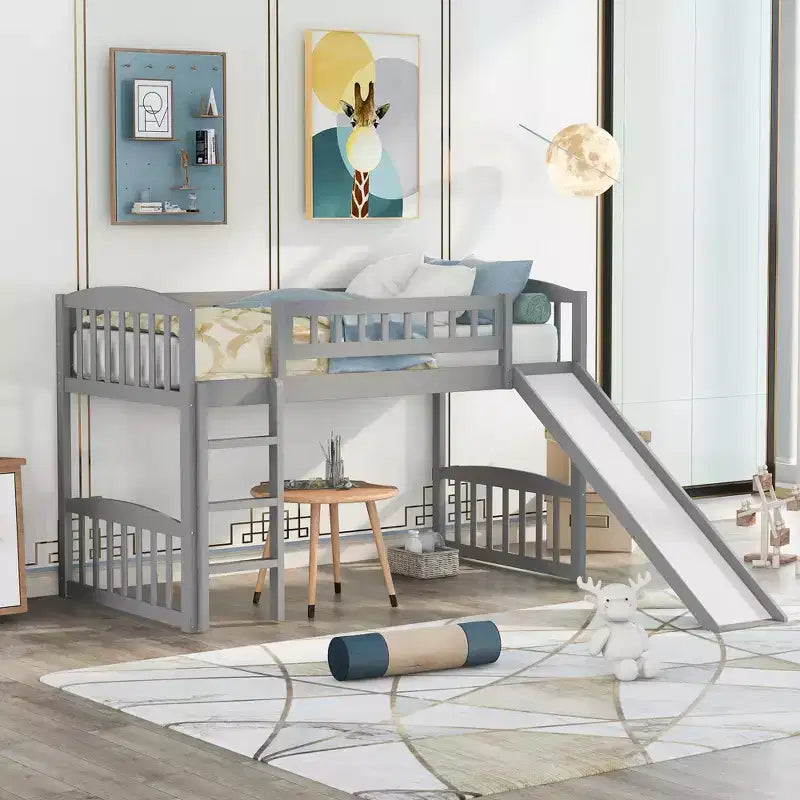 Lit mezzanine jumeau avec toboggan et échelle, cadre de lit mezzanine bas en bois pour filles et garçons
