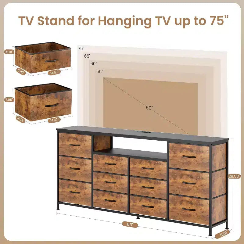 Meuble TV commode de 63 pouces avec 12 tiroirs, commode en tissu avec station de charge et lumières LED, étagères ouvertes pour TV de 65-75 pouces, meuble de divertissement moderne