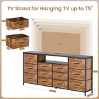 Meuble TV commode de 63 pouces avec 12 tiroirs, commode en tissu avec station de charge et lumières LED, étagères ouvertes pour TV de 65-75 pouces, meuble de divertissement moderne
