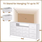 Meuble TV commode de 63 pouces avec 12 tiroirs, commode en tissu avec station de charge et lumières LED, étagères ouvertes pour TV de 65-75 pouces, meuble de divertissement moderne