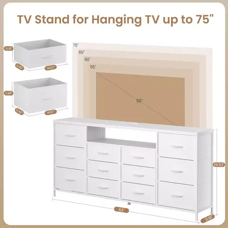 Meuble TV commode de 63 pouces avec 12 tiroirs, commode en tissu avec station de charge et lumières LED, étagères ouvertes pour TV de 65-75 pouces, meuble de divertissement moderne