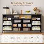 Meuble TV commode de 63 pouces avec 12 tiroirs, commode en tissu avec station de charge et lumières LED, étagères ouvertes pour TV de 65-75 pouces, meuble de divertissement moderne