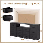 Meuble TV commode de 63 pouces avec 12 tiroirs, commode en tissu avec station de charge et lumières LED, étagères ouvertes pour TV de 65-75 pouces, meuble de divertissement moderne