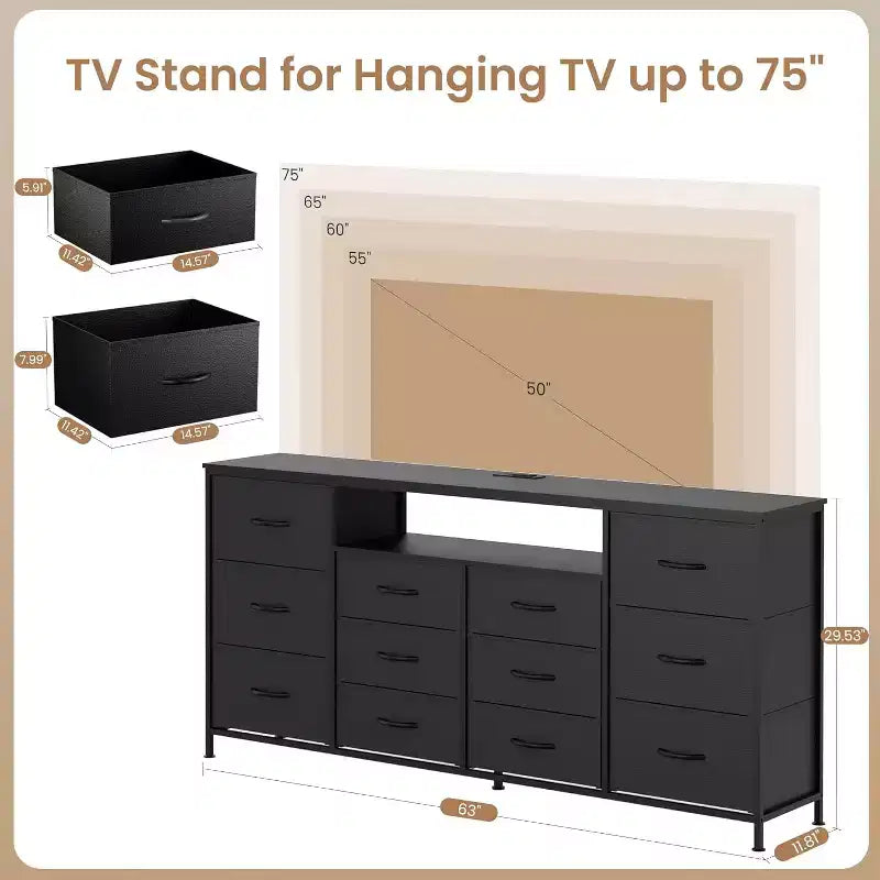 Meuble TV commode de 63 pouces avec 12 tiroirs, commode en tissu avec station de charge et lumières LED, étagères ouvertes pour TV de 65-75 pouces, meuble de divertissement moderne