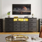 Meuble TV commode de 63 pouces avec 12 tiroirs, commode en tissu avec station de charge et lumières LED, étagères ouvertes pour TV de 65-75 pouces, meuble de divertissement moderne