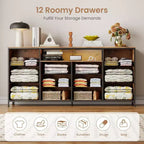 Meuble TV commode de 63 pouces avec 12 tiroirs, commode en tissu avec station de charge et lumières LED, étagères ouvertes pour TV de 65-75 pouces, meuble de divertissement moderne