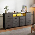 63 Dresser TV Stand with 12 Drawers, Fabric Chest with Charging Station & LED Lights, Open Shelves for 65-75 Inch TV, Modern Entertainment Center