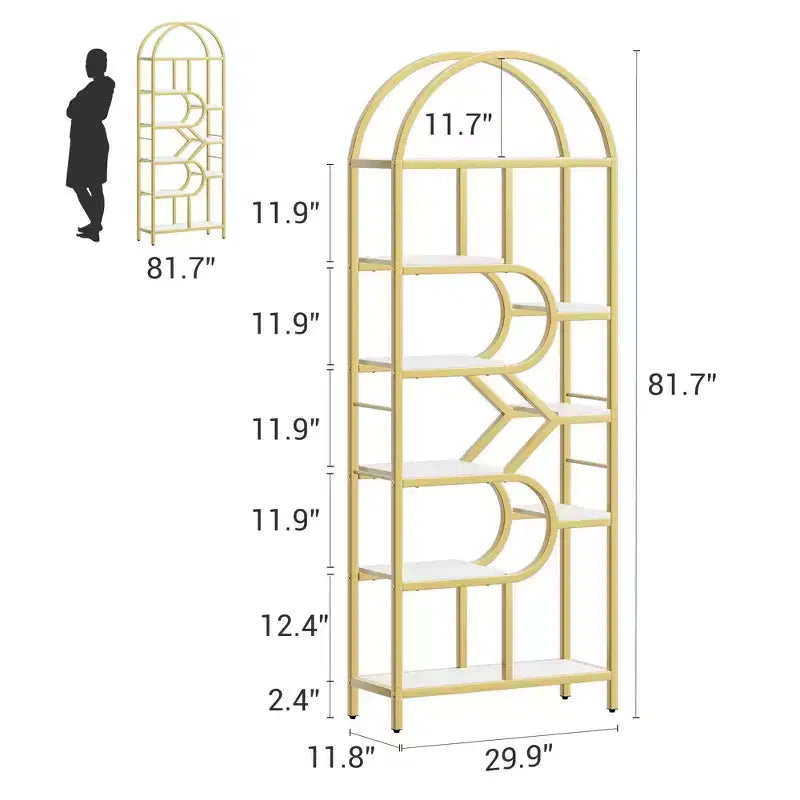 Coolmee Bibliothèque ouverte arquée à 6 niveaux, étagère géométrique en métal de 207,5 cm de hauteur, grande étagère de rangement pour chambre, salon, bureau